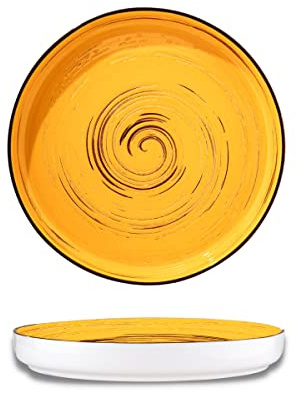 Wilmax Speiseteller 28 cm Porzellan, Essteller mit hohem Rand, Gelb | Spülmaschinenfest, mikrowellen- & backofengeeignet – kratzfeste Glasur, dekoratives Spiral-Design