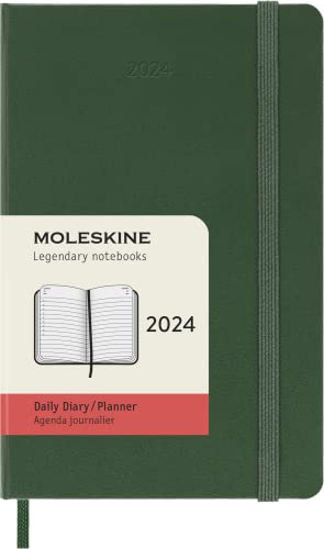 Moleskine Tagesplaner 12 Monate 2024, Planer 2024, Pocket Format 9x14, Hardcover und elastischer Verschluss, Farbe Myrte Grün