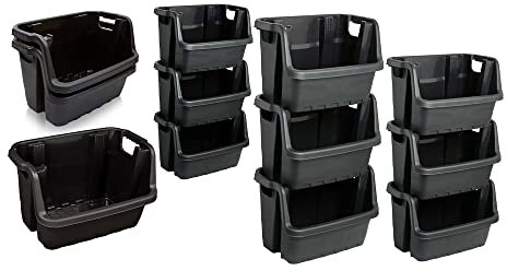 Pluto Packaging Large Heavy Duty Stackable Open Fronted Baskets Recycling Industrial Home Garage Stacking Crates (Set Of 6)