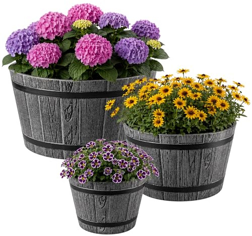 KADAX Blomkruka av plast, rund planteringskruka för inomhus och utomhus, planteringskruka för blommor, hus, trädgård, balkong, terrass, väderbeständig (set med 3) 23 cm, 30 cm, 40 cm Ø, mörkgrå)