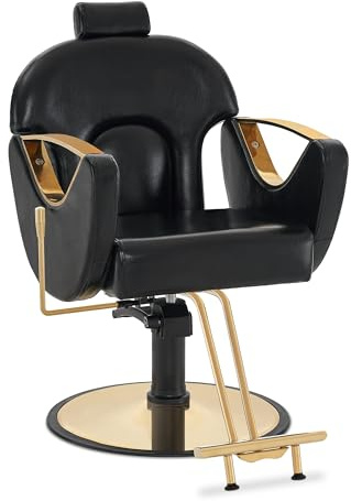 Barberpub Silla de peluquería con reposacabezas, altura regulable y giratoria 360°, dispositivo de peluquería inclinable, silla hidráulica de piel sintética, 9578 (dorado/negro)