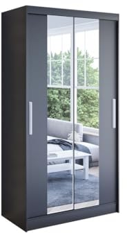 Easy4You K2 100 cm Schwarz Schiebetüren Kleiderschrank 100x200x58 cm mit Spiegel - Schlafzimmermöbel, Aufbewahrung - Mehrzweckschrank