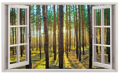 Cuadros en Lienzo Ventana Vista-Falsa Ventana Imagen-Naturaleza Paisaje Pintura Decoración Dormitorio Baño Hogar-tronco Árboles Bosque puesta sol 50x85cm20x33inch Sin Marco