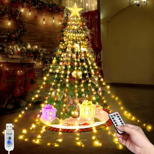 TIANHOO Weihnachtsbaum Lichterkette,USB Wasserfall Lichterkette 9 Stränge 2M 198 LEDs Lichterkette mit Topper Stern 8 Modi Wasserdichte Lichterkette mit Fernbedienung für Weihnachtsbaum Party Hof
