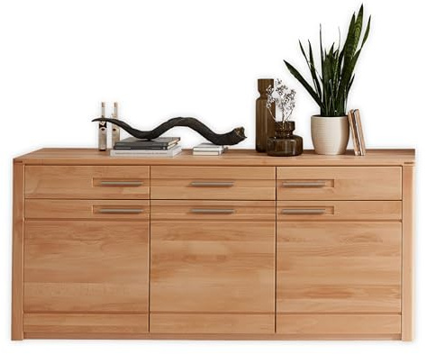 NATURE ONE Sideboard Kommode in Kernbuche teilmassiv 190 x 86 x 45 cm | FSC-zertifiziert, Front Kernbuche massiv, 3 Schubladen, Metallgriffe, Fächer hinter Türen, viel Stauraum