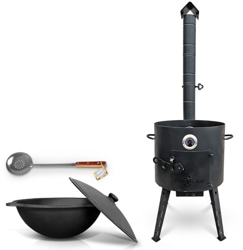 Utschak Feuerofen mit Thermometer Gusseisen Topf Kazan runder Boden mit Deckel (12 L) Schaumlöffel 48 cm KazanoFF, Учаг, Outdoor, Feuerschale, Camping, Kasan, Gulaschkanone Dutch Oven (Set 2)