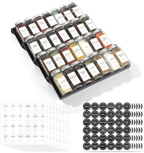 Schwarz Gewürzschubladen-Organizer mit 28 Gewürzgläsern, 348 Etiketten, Sieb- und Gießdeckeln mit luftdichten Aluminiumkappen, 4-stufigem klarem Acryl-Schubladentablett-Rack mit Gewürzbehältern