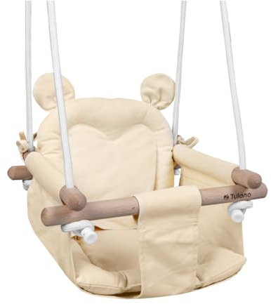 Tulano Hop 30 Beige| Baby Schaukel Hängesitz für Kinder 6-36 Monate | Indoor & Outdoor | Sicherheitsgurt & Kissen | Holz & Baumwolle | Einfache Montage | Belastbar bis 60 kg