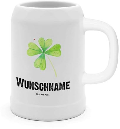 Mr. & Mrs. Panda Steinkrug mit Namen Blume Kleeblatt - Personalisierte Geschenke, personalisiert, Glücksbringer, Personalisierter, Bierkrug, Umzug, Jobwechsel, Steingutkrug, Motivation, Glück, Blumen