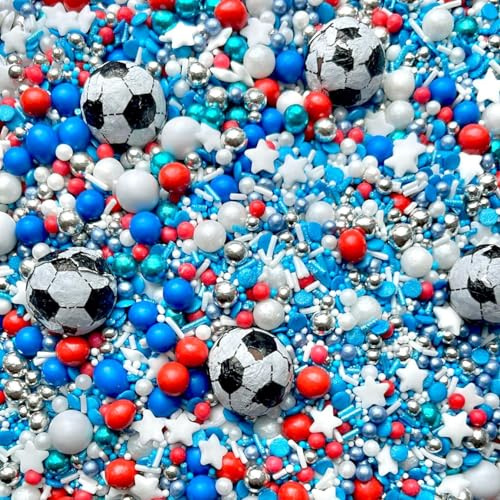 Football sprinkles Red white blue silver Metallic Sprinkles for cupcake cookies cake toppers pearls 100s and 1000s balls decoration topper dad edible chocolate balls football sports British ENGLAND