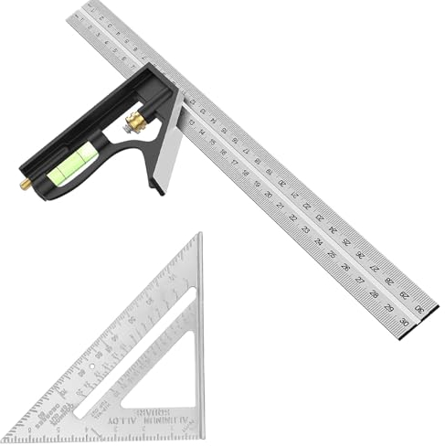 2 Pcs Combination Triangle Rule, 12 Inch Square Angle Ruler with Spirit Level, Metric Stainless Square Tool for Accurate Measurement