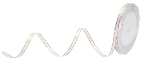QUARKZMAN 1/4 Pulgada 25 Yardas de Cinta de Satén Ancho con Bordes Dorados Cinta de Tela de Grosgrain para Envolver Regalos Ramo de Boda, Blanco
