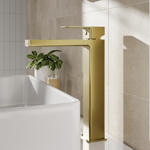 Balterley Tall Basin Mixer Tap, Mono Bathroom Taps, High Rise Monobloc Basin Sink Mixer Tap with Lever Handle, Square Body, Flat Square Spout Sink Taps for Cloakroom - 50 x 190 x 271mm (Brushed Brass)
