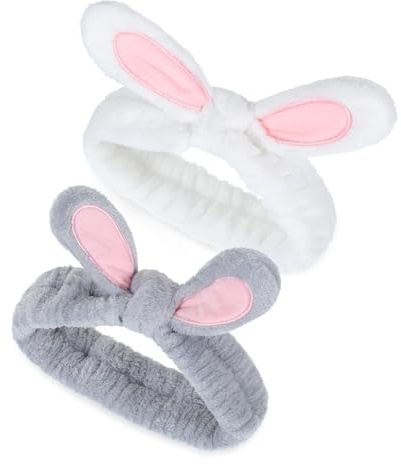 JIEYAO 2 Stück Kosmetik Haarband,Haarbänder für Make Up Elastisch Schminken Stirnband für Damen Mädchen Hasen Ohren Korallen Fleece Haarreifen für Spa Beauty Waschen Gesicht Yoga Sport Schönheit