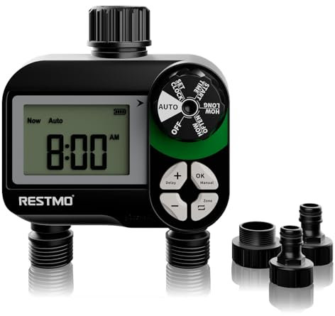 RESTMO Water Timer 2 Outlets, Irrigation Hose Timer with Rain Delay/Manual/Automatic Watering System for Outdoor Faucet, Garden Sprinkler, Yard and Lawn
