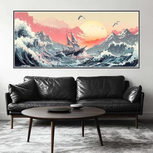 Malen Nach Zahlen Sonnenuntergang Malen Nach Zahlen Erwachsene Meer, 180 X 90 cm XXL Groß Acrylfarben Ölgemälde, DIY Malen Nach Zahlen Kinder Anfänger Set Bastelset für Wand Dekor (Ohne Rahmen) -H418