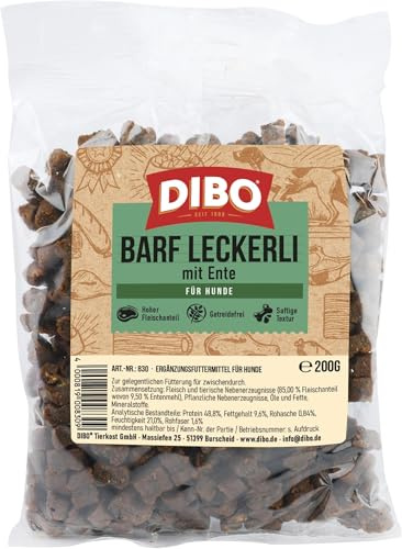 Dibo Barf Leckerli, 200g Pferd, Wild, Strauß, Lamm, Ente Hundesnack klein und praktisch Trainings Hundeleckerlies zuckerfrei, gesund und lecker (Ente) (Packung mit 5)