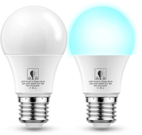 EvaStary E27 Glühbirne mit Lichtsensor, 9W Ersetzt 60Watt, Kaltweiss 6000K | LED Lampe mit Dämmerungssensor, Auto Ein/Aus LED Glühbirne mit Tageslichtsensor für Korridor Garage Garten, 2 Stück