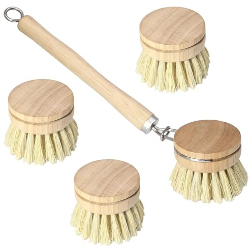HARSKIYER Wooden Dish Brush Set, 4 Natural Bristle Replacement Heads with 1 Sturdy Wooden Handle, Sisal Kitchen Scrub Brush for Pots, Pans, Vegetables and Cookware
