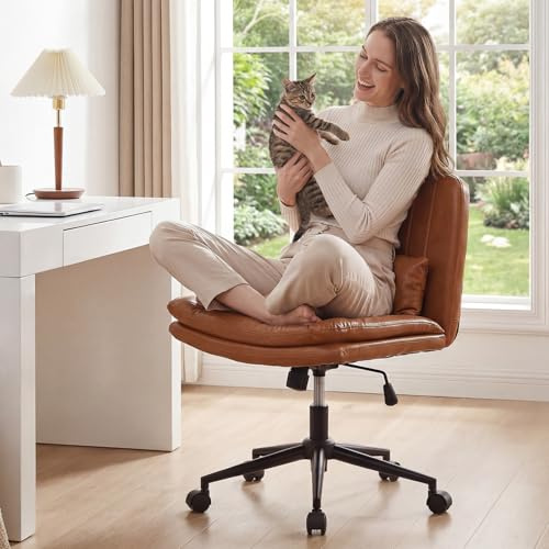 IUXPAM Bürostuhl ohne Armlehnen, Lesestuhl mit breiter Sitzfläche, höhenverstellbarer Drehstuhl mit Rollen, Schreibtischstuhl mit Lendenkissen, Bürostuhl für Zuhause, Büro oder Schlafzimmer, PU-Braun
