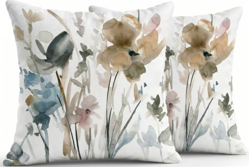 JANGYUHH Juego de 2 Fundas de Cojín 45x45 cm Cojines de Sofá Abstractos Flores de Tinta Cojines Marrón Vintage Decorativa Hecha de Lino para Jardín Sofá Sala de Estar Cama