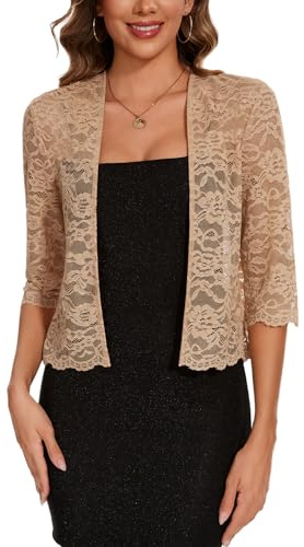 Kyzoeyou Mujer Encaje Bolero Frente Abierto Chaqueta de Punto Manga 3/4 Cardigan Elegante Bolero Blusa Color Sólido, Be-beige, L