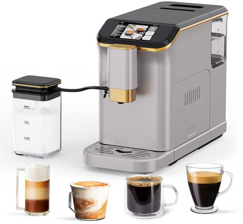 PioneerWorks Full Automatic Espresso Machine with Built-In Grinder & Milk Frother - FTF Touchscreen Coffee Maker for Latte/Cappuccino, 20 Bar Pressur & 1.5L Water Tank, 1350W, Gold