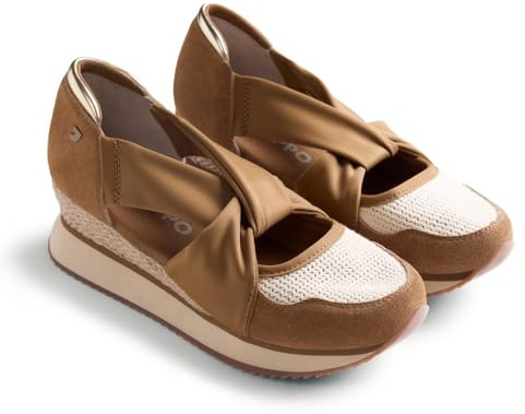 Gioseppo VUKA - Zapatillas Abiertas con Piel Serraje, Crochet Hecho a Mano y Cuña Forrada Estilo Yute, Planta Acolchada y Tiras de Sujeción, Altura Cuña 5,5 cm, Color Camel, Talla 35