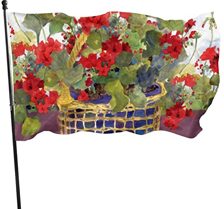 Aquarell-Geranien-Korbflagge, 90 x 150 cm, lebendige Farben, lichtbeständig, Polyester, Outdoor-Sport, Banner mit 2 Messingösen