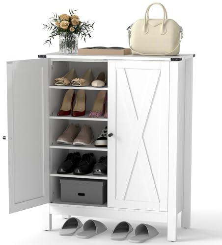 COSTWAY Schuhschrank mit Türen, Schuhkommode im Landhausstil mit 6-stufige verstellbaren Regalen, freistehendes Holzschuhschrank für Schuhaufbewahrung in Eingang, Flur 80 x 35,5 x 100 cm (Weiß)