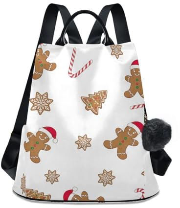 RPLIFE Lebkuchen-Rucksack, Motiv: Weihnachtsmann, Kekse, weiß, Diebstahlschutz, für Damen, modische Reisetaschen mit Pompon