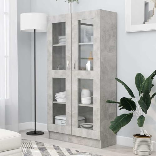Vitrinenschrank Betongrau, 4 Fächer, Holzwerkstoff, Glas, für Wohnzimmer