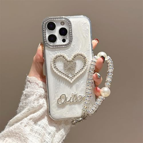 BEENTRYS Funda Glitter para Motorola Moto E13 Funda,Brillante Bonito Diseño Corazón Mariposa Strass Estético Niñas Mujeres Suave TPU Antigolpes Carcasa con Pulsera Perlas-Blanco