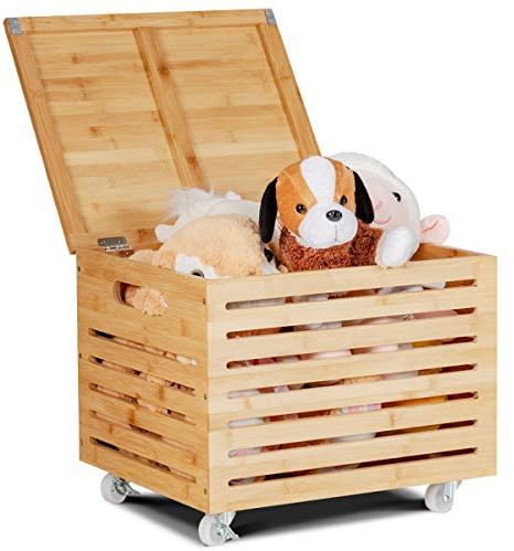 COSTWAY Coffre a Jouet en Bambou, Coffre de Rangement Bois avec 4 Roulettes et Couvercle, Design Latte, Boîte de Rangement pour Documents, Jouets, Couvertures, Oreillers, pour Maison, Bureau