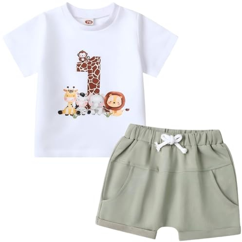 Asmea Conjunto Cumpleaños 1 Año Niño Ropa Bebe 1 Año Niño Regalo Bebe One Year Old Boy Outfit Camiseta de Manga Corta con Estampado Animal + Pantalón