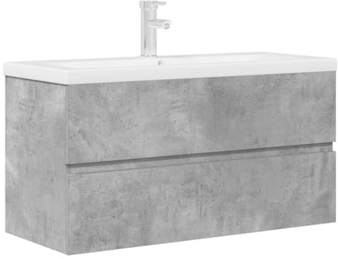 Yisssmeng 2-TLG. Badmöbel-Set in Betongrau – Waschbeckenunterschrank mit Keramikwaschbecken, 90 cm breiter Waschtisch zur Wandmontage für Badezimmer, moderner Waschplatz