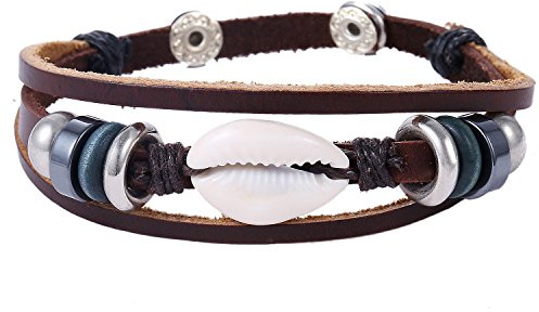 Morella Pulsera de Cuero de Color café Surfista con Abalorios y Caracol, Unisex