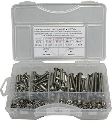 Sortiment ISO 7380-1 Edelstahl A2 Durchmeser M5, 320 Teile ; Flachrundkopfschrauben, Muttern DIN 934, Unterlegscheiben DIN 125, Material: VA V2A