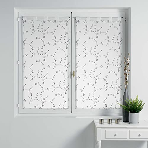 Douceur d'Intérieur, Par Recto pasante de 2 x 60 x 160 cm, con Visillo Bordado, diseño de pequeñas Flores, Color Blanco/Gris.