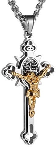 HZMAN Saint Benedict Cross Necklace for Men Stainless Steel INRI Crucifix Cross Pendant Necklace Jewelry Gift (Large Silver Gold)