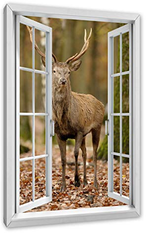 Pixxprint Schöner Hirsch im Wald, Fensterbild, Größe: 120x80cm, Leinwandbild, fertig gespannt, Wandbild, Dekoration, Kunstdruck, kein Poster
