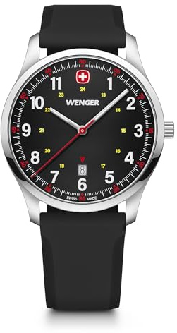 WENGER Herren Armbanduhr City Sport Ø 42 mm, Swiss Made, Analog Quarz, Wasserdicht bis 50 m, Silikon-Armband, Schwarz/Silber, 01.1441.129