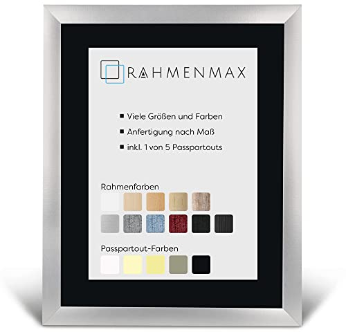 RahmenMax® Toskana Bilderrahmen 70x90 cm mit Passepartout passend für Bild 60x80 cm/Maßanfertigung möglich/MDF Bilder Rahmen/Rahmenfarbe: Alu-gebürstet, Passepartoutfarbe: Schwarz