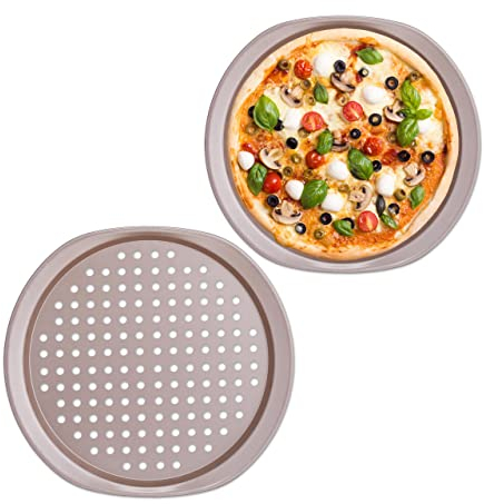 Relaxdays Pizzablech, 2er Set, D: 29,5 cm, Knusperblech mit Löchern, mit Griffen, Pizza & Flammkuchen, Stahl, braun