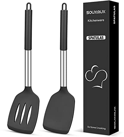 2 Pcs Silicone Spatulas Turners, Solid and Slotted Spatula Set, Non-Stick BPA Free High Heat Resistant Handy Kitchen Utensils for Cooking, Grill, Flipping Eggs, Fish, Pancake（Black）
