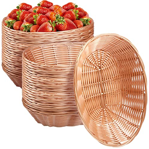 Potchen 24 Pack Plastic Oval Basket 9.5 x 6.3 x 2.4 Inch Small Fruit Bread Basket Wicker Storage Baskets for Gifts Empty Easter Home Kitchen Restaurant Food Serving Centerpiece Display(Light Brown)