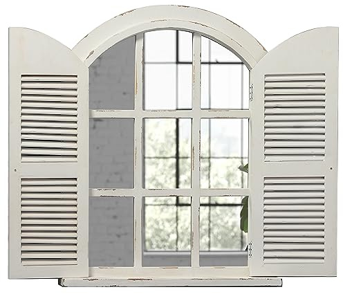 Sintosin Farmhouse Arched Window Mirror with Shutters 35 x 28 inches, Hanging Distressed White Wooden Rustic Decorative Window Shutters Wall-Mounted Mirrors for Wall Decor Living Room Hallway Kitchen