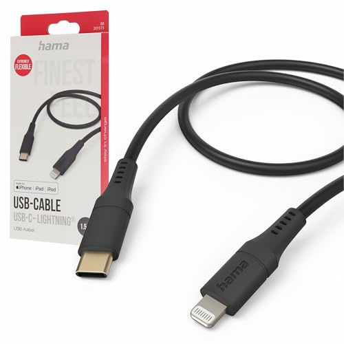 Hama Ladekabel „Flexible“ USB C auf Lightning, Silikon, 1,5m (iPhone Ladekabel, Lightning Kabel, iPhone 14 13 12 11 Pro Max Plus mini SE XS Max XR X 8 7, iPad Pro Air mini, MFI zertifiziert) schwarz
