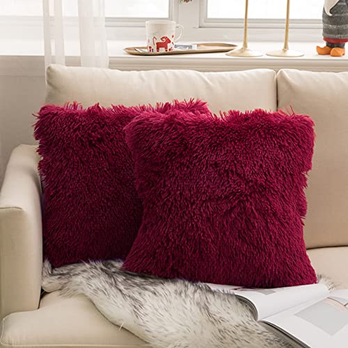 Fouriding Plüsch Shaggy Kissenbezüge Satz von 2, Weihnachten weichen Plüsch Kissenbezug 18 x18 Zoll Weihnachten Platz Kissenbezüge für Sofa Couch Weihnachten Dekorationen (Weinrot)