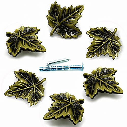 YOUYOUULU 6 Stück einzigartige goldfarbene Laub-Schubladenknöpfe, stabile Metall-Blattform, goldener Schrankknauf, antike Kommodenmöbel-Dekorgriffe (Bronze)